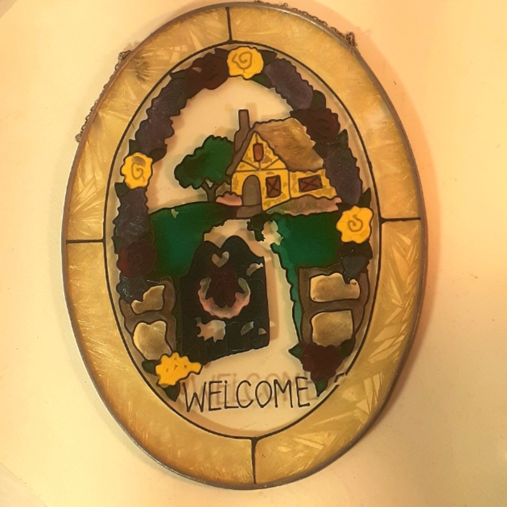 Joan Baker Designs.Stained/hand Painted Glass Window Sun Catcher "Welcome"  Sign